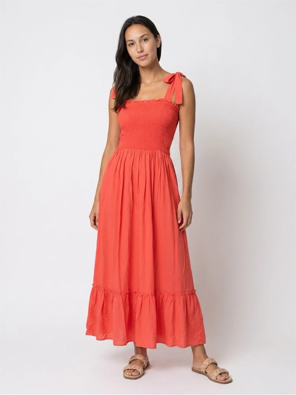 Zesica Maxi Dress Tie-Shoulder A Line Square Neck Coral Size Small NWT NEW - Picture 1 of 8